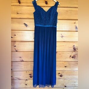 Navy blue bridesmaids dress from David's Bridal. Lace top, chiffon bottom